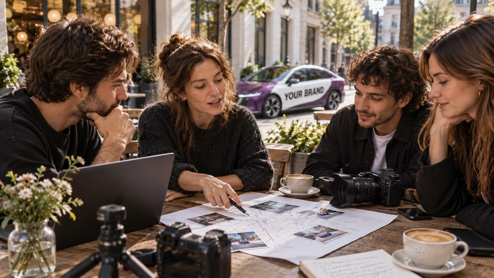 Generic campaign planners at a Belgian café, with a Your Brand concept vehicle outside.