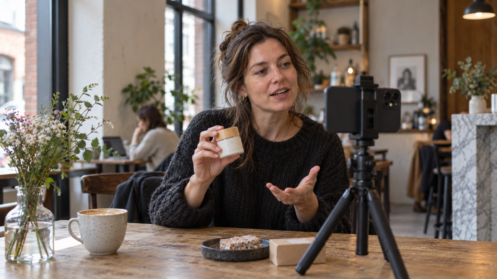 Concept image of a creator filming content in a café.