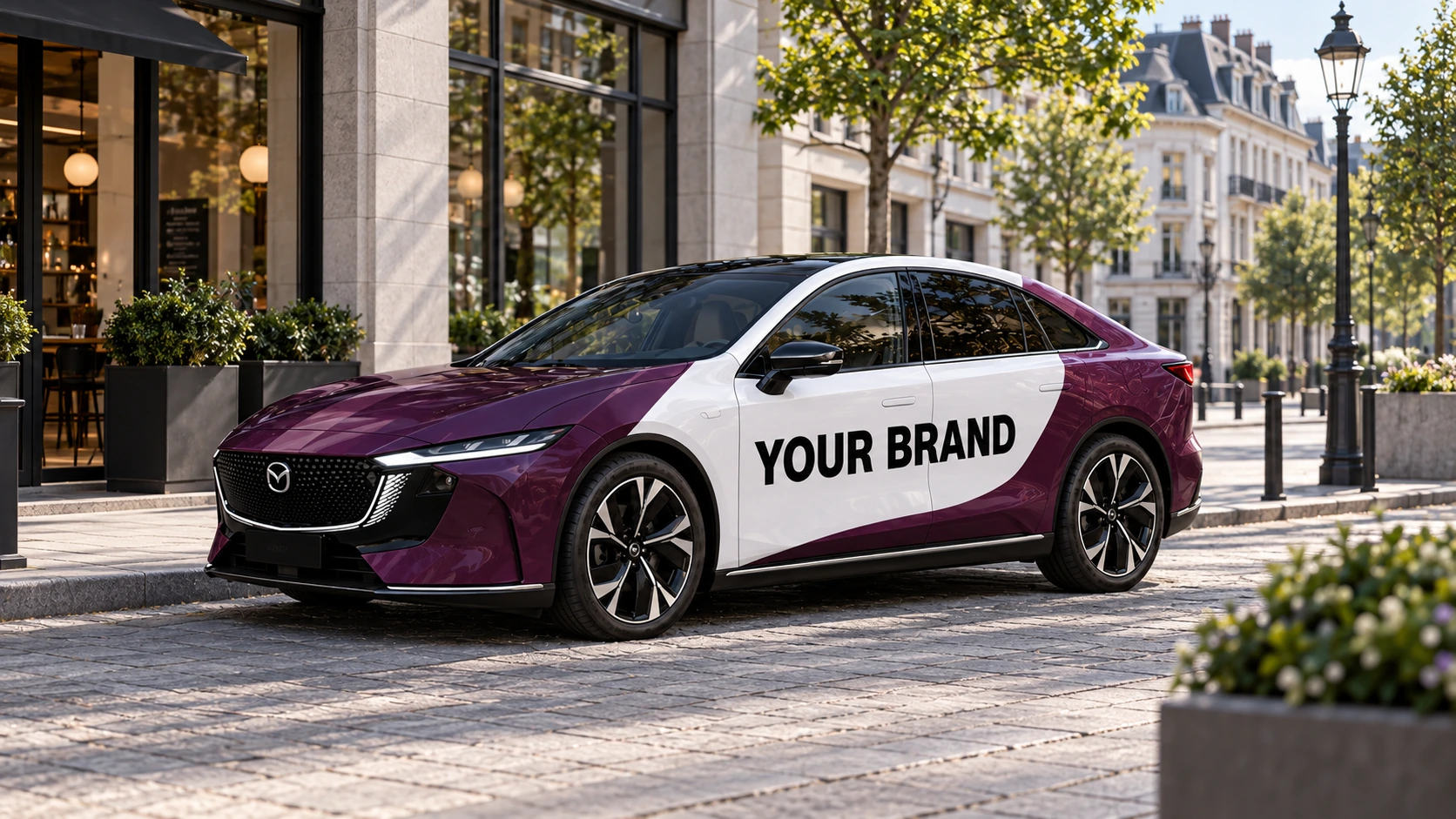 Concept image of a plum car displaying YOUR BRAND.