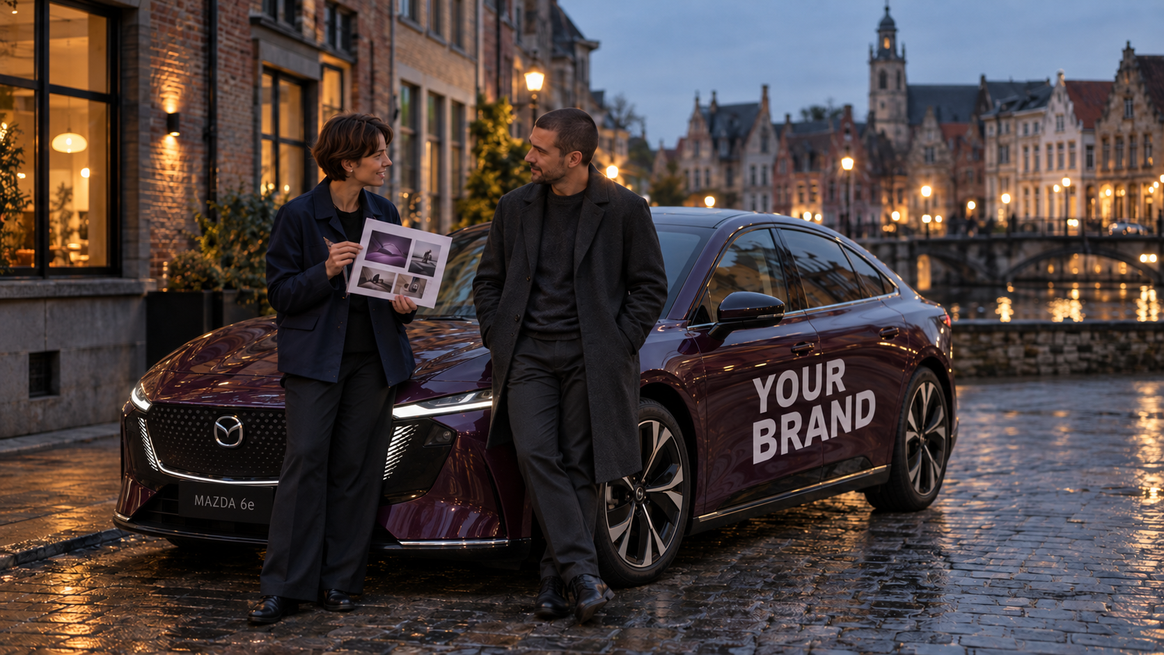 AI-generated campaign briefing beside a plum Mazda 6e with Your Brand wrap in a Belgian city at dusk.